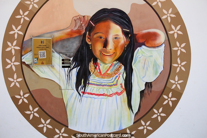 Nia Lamista vestida con un traje tradicional blanco, mural en Lamas. (720x480px). Per, Sudamerica.