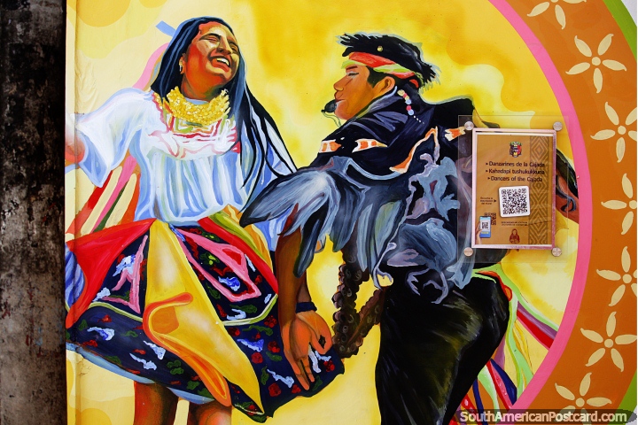 Bailarines de la Cajada, hombre y mujer bailando, mural cultural en Lamas. (720x480px). Per, Sudamerica.