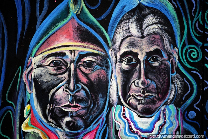 Par de rostos interessantes, mural do povo nativo de Lamas em roupas coloridas. (720x480px). Peru, América do Sul.