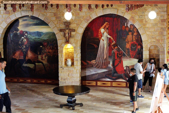 Large paintings inside arches in the foyer of the castle in Lamas. (720x480px). Peru, South America.