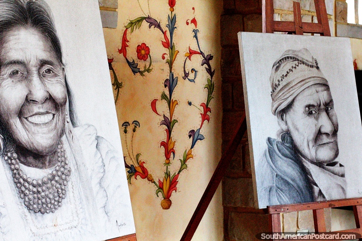 Drawings of 2 women, art on display at the castle in Lamas. (720x480px). Peru, South America.