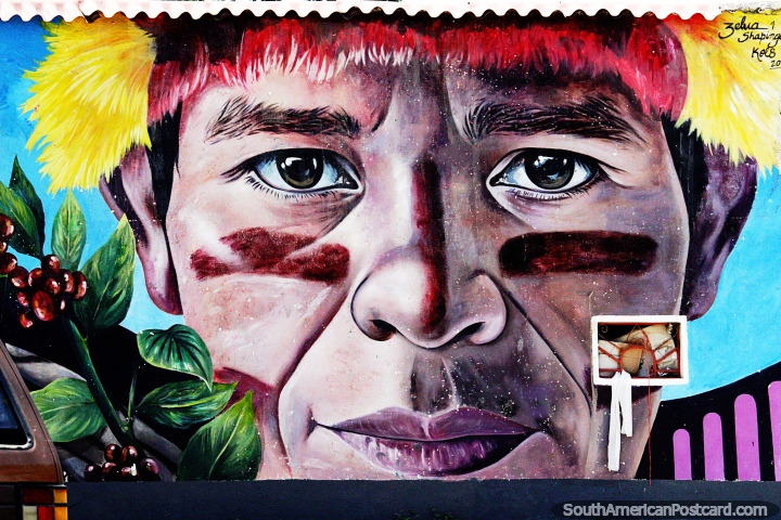 Native man with face paint, street art in the Amazon in Moyobamba. (720x480px). Peru, South America.