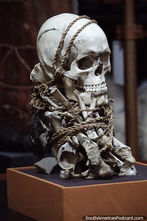 Skull and skeleton bundle-wrapped, on display at Leymebamba museum. (480x720px). Peru, South America.