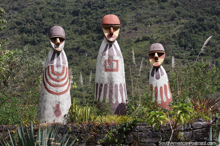 3 large Chachapoya figures outside the Leymebamba museum up the hill from town. (720x480px). Peru, South America.