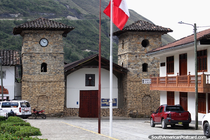Stone church and clock tower at the main square in Leymebamba. (720x480px). Peru, South America.