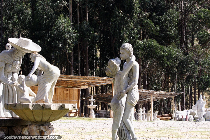 Figures and fountains sculpted from stone, an outside showroom around Cajamarca. (720x480px). Peru, South America.