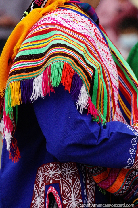 Traditional male costume and shawl with colorful design worn in Chota. (480x720px). Peru, South America.