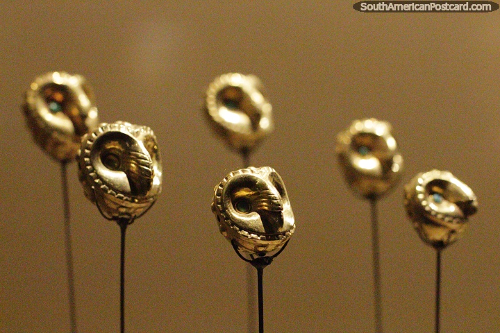 Gold owl heads, a necklace, Sipan museum, Lambayeque. (720x480px). Peru, South America.