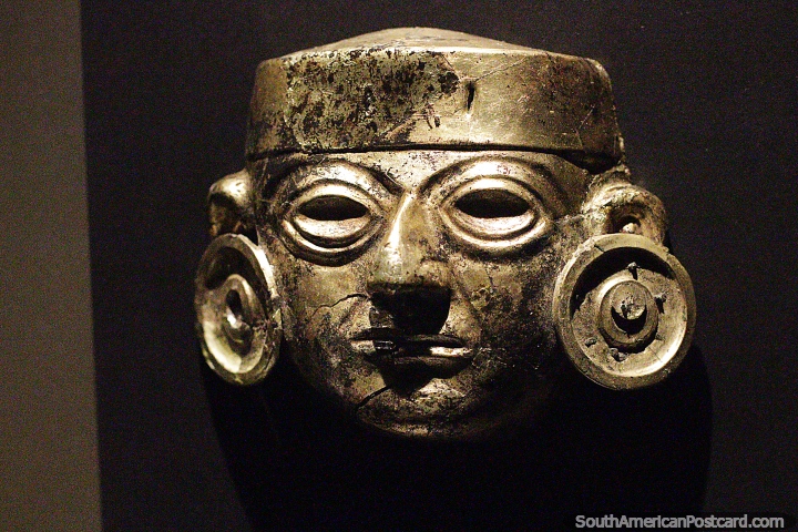 Silver-copper mask of the Moche culture, Sipan museum, Lambayeque.  (720x480px). Peru, South America.