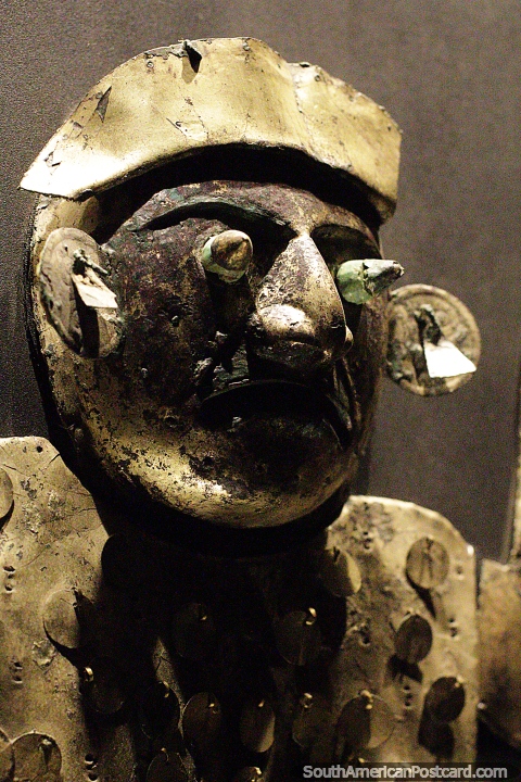 Metallic mask with bullet-eyes, Sipan museum, Lambayeque. (480x720px). Peru, South America.