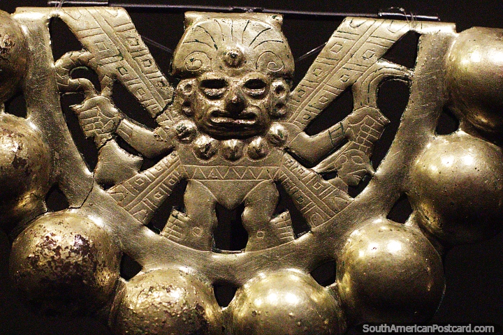 Metal shaker that makes sound, a rattle, Sipan museum, Lambayeque. (720x480px). Peru, South America.