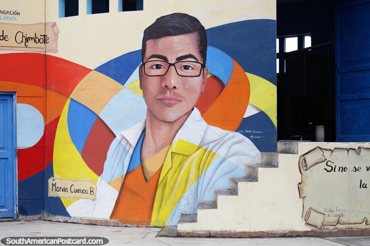 Dr. Marvin Cuenca B, a hero of Chimbote, colorful street mural. (720x480px). Peru, South America.