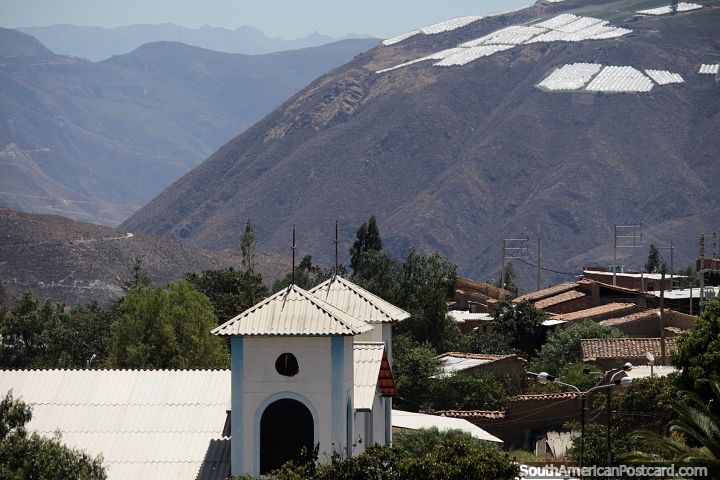 Beautiful view in Caraz from the Tumshukayko ruins, church and mountains. (720x480px). Peru, South America.