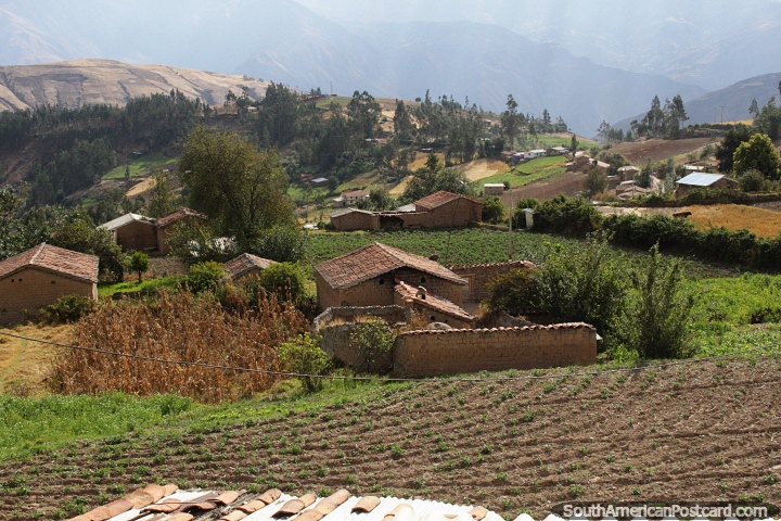 Casas y pastos en el verde campo de Caraz. (720x480px). Per, Sudamerica.