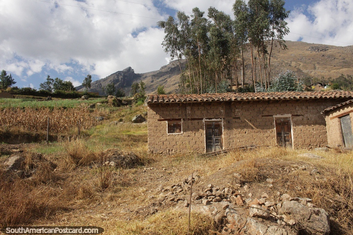 Vida en el campo en Caraz, casa y tierras de cultivo en las colinas. (720x480px). Per, Sudamerica.