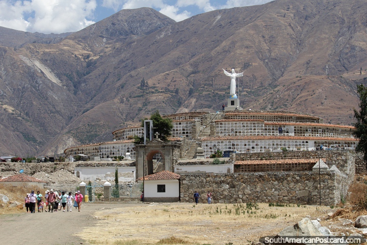 Main cemetery with Jesus statue with mountains behind at Campo Santo, Yungay. (720x480px). Peru, South America.
