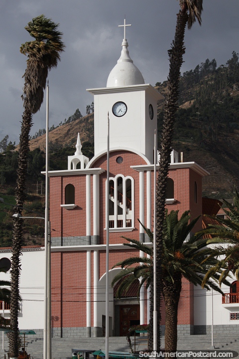 Church with clock tower at the main plaza in Yungay. (480x720px). Peru, South America.