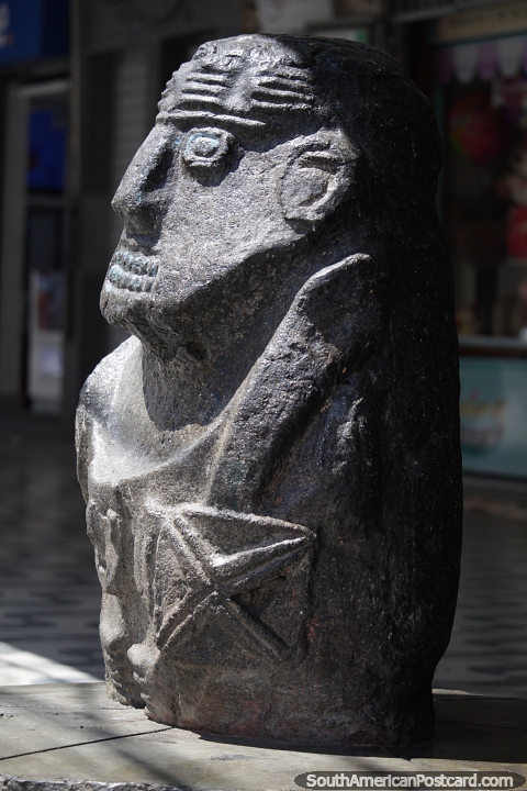 Replica of archeological discoveries, stone sculpture in Huaraz.   (480x720px). Peru, South America.