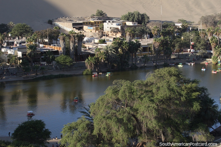 La gente disfruta de la experiencia del bote a pedales en las aguas de la laguna Huacachina. (720x480px). Per, Sudamerica.