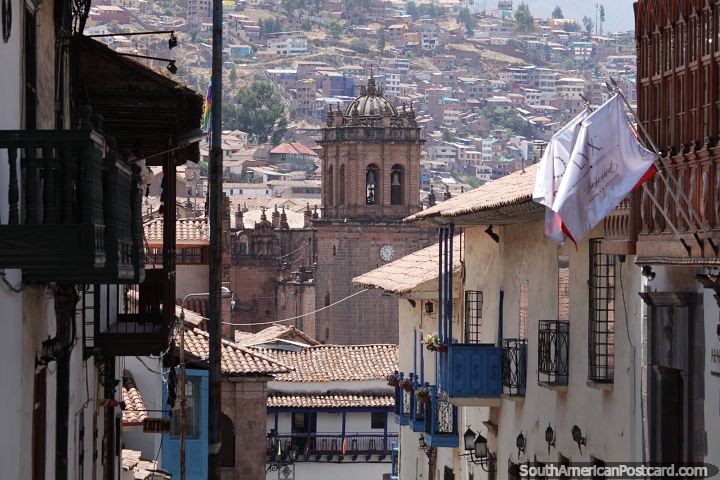 Church towers are seen from all streets and angles in Cusco. (720x480px). Peru, South America.