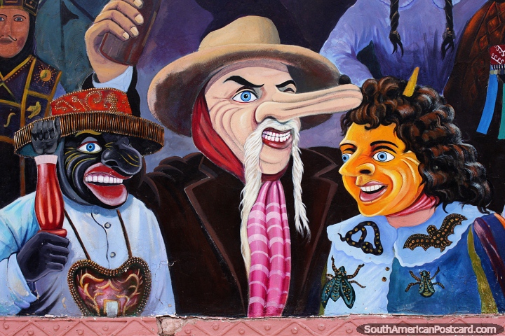 Plaza de la Almudena has murals of carnival and cultural figures in Cusco. (720x480px). Peru, South America.