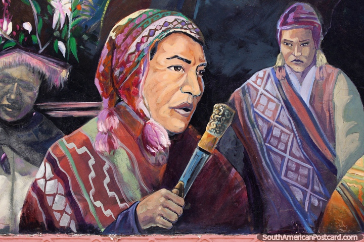 Bonito mural cultural con personas vestidas con ropa tradicional, Cusco. (720x480px). Per, Sudamerica.