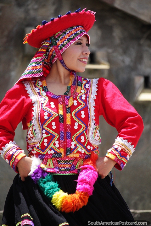 Fantastic outfit with headgear worn by this woman, cultural event in Cusco. (480x720px). Peru, South America.