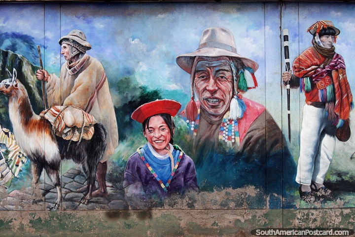 Mural cultural con varias personas y una llama en Cusco. (720x480px). Per, Sudamerica.