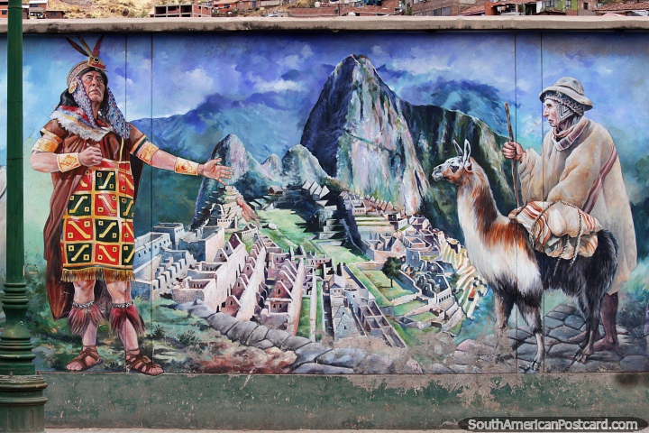 Inca king presenta el asombroso Machu Picchu, mural cultural en Cusco. (720x480px). Per, Sudamerica.