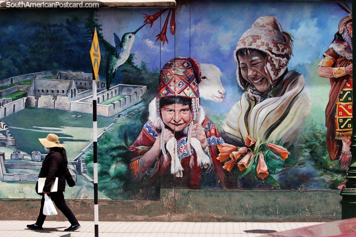 Menino com uma ovelha, outro com flores, um colibri, mural em Cusco. (720x480px). Peru, Amrica do Sul.