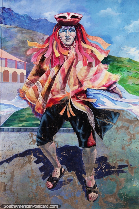 Man with costume that looks like fire, traditional dancing, mural in Cusco. (480x720px). Peru, South America.