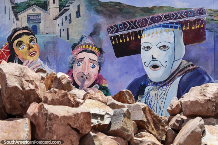 3 carnival characters, part of a set of murals in Cusco. (720x480px). Peru, South America.