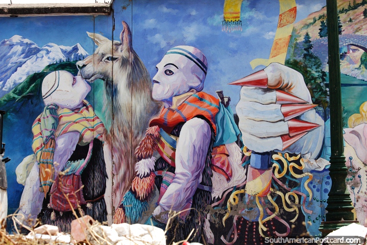 With a llama, a group wear white masks in the mountains, mural in Cusco. (720x480px). Peru, South America.