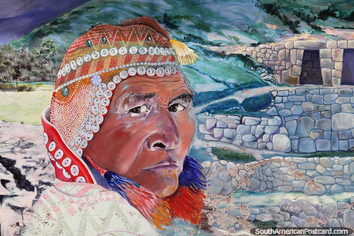 Hombre indígena en la ciudad de piedra, mural cultural en Cusco. (720x480px). Perú, Sudamerica.