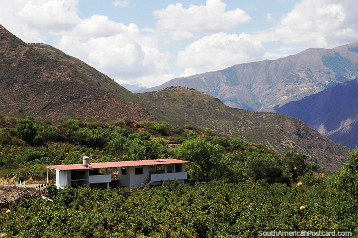 An open house on green farmland in the mountains around Chumbes. (720x480px). Peru, South America.
