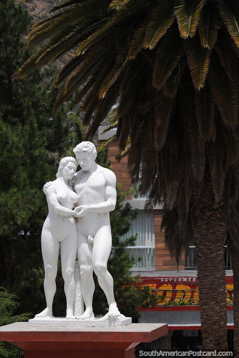 Centenario Park with male and female naked statues in Abancay. (480x720px). Peru, South America.