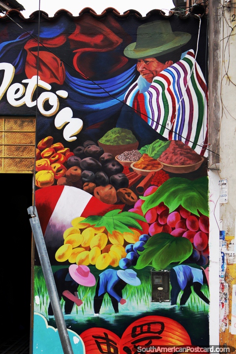 Indigenous woman with her produce, colorful mural on a shopfront in Ayacucho. (480x720px). Peru, South America.