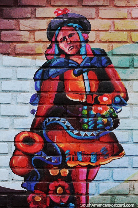 Mujer con traje tradicional, mural en Ayacucho. (480x720px). Per, Sudamerica.