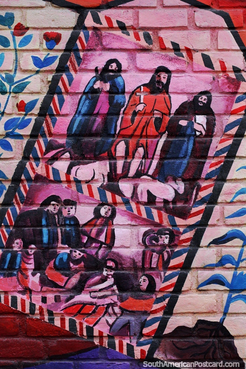 Religious figures, mural in red, purple and pink in Ayacucho. (480x720px). Peru, South America.