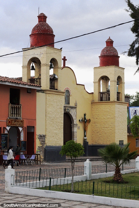 Arco Church with 2 towers with red domes in Ayacucho. (480x720px). Peru, South America.