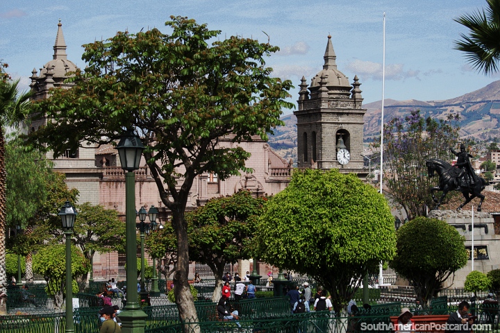 Plaza de Armas and cathedral in Ayacucho with many trees. (720x480px). Peru, South America.