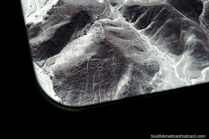 The Astronaut on a hillside at the Nazca Lines, view from the plane. (720x480px). Peru, South America.