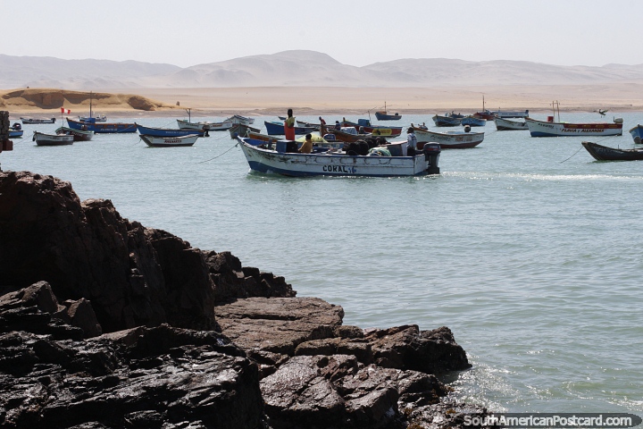 The fishing village with boats moored at Paracas National Park. (720x480px). Peru, South America.
