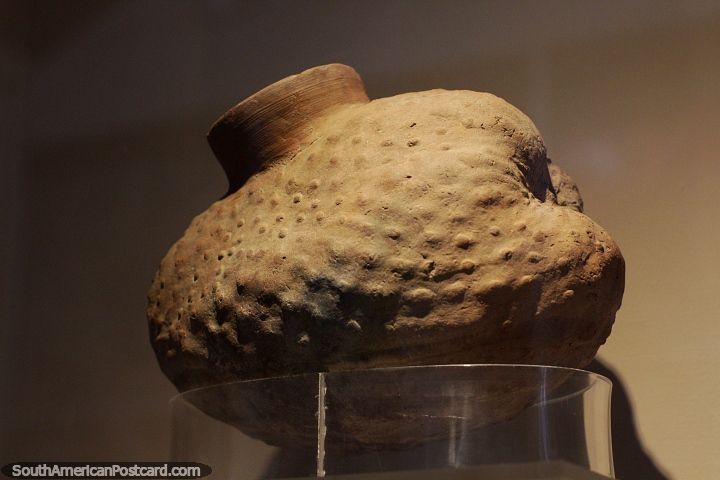 Guanabana Soursop, ceramic urn in the form of an exotic fruit at the Chan Chan museum, Trujillo. (720x480px). Peru, South America.
