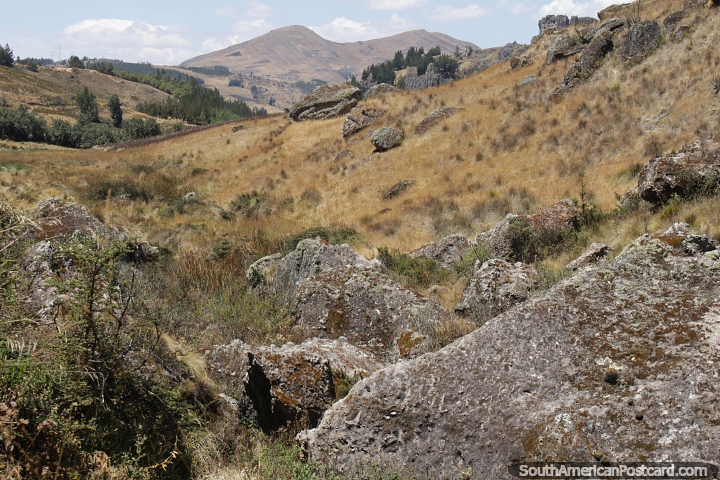 Rocas esparcidas por las planicies cubiertas de pasto en Cumbemayo, Cajamarca. (720x480px). Per, Sudamerica.