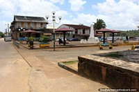 The center of Saint Georges with the plaza and a few buildings, French Guiana. The 3 Guianas, South America.