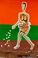 Painting of a woman throwing food on the ground at the central market in Cayenne, French Guiana. The 3 Guianas, South America.