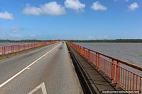 Crossing the 1200 meter bridge across the Cayenne River (Riviere du Cayenne) in French Guiana. The 3 Guianas, South America.