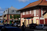 Historic wooden buildings on the main street of Saint Laurent du Maroni in French Guiana. The 3 Guianas, South America.