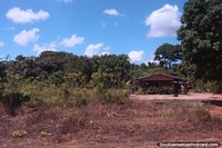 Casa de madeira na zona rural, arbusto todos em volta, entre Albina e Paramaribo, o Suriname. As 3 Guianas, América do Sul.